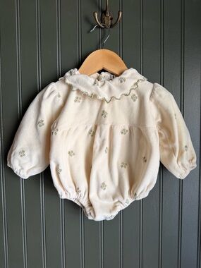 Super Soft Velvet Cream Ruffled Collar Baby Romper with Green Floral Embroidery